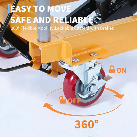 Heavy Duty Hydraulic Lift Table Cart With No Sweat Foot Pedal Operation And Hardcore Three Hundred Thirty Pound Capacity For Tough Shop And Moving Project Hauls with 360° lockable casters.