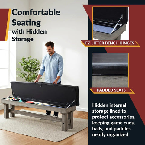 Man using bench storage of 7 Foot Pool Table Combo With Benches Table Tennis And Dining Tops Billiards Set Ping Pong Ready Built In Storage Complete Game Accessories Rustic Gray Barnwood Finish With Blue Felt For Family Fun And Game Night Ready