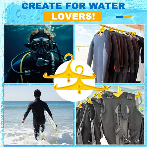 Collage with Eight Pack Scuba Hanger With DIN Threads For Regulators And BCD Vests in bright yellow, wetsuits, and beach scene.