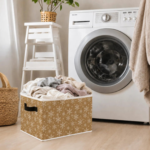 Pretty Dang Handy Foldable Storage Bins With Reinforced Handles Keep Your Space Knockout Clean And Clutter Free, 10.6x10.6x14.2 in, holding laundry.