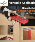 Professional Self Clamping Shelf Pin Jig Drills Eleven Perfectly Aligned Holes In One Straight Shot featuring heavy duty metal body in use on cabinetry.