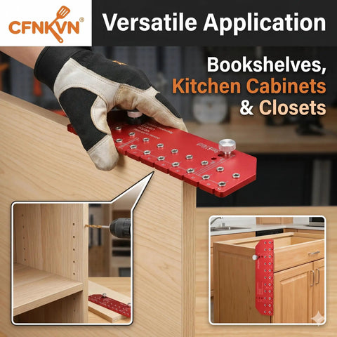 Professional Self Clamping Shelf Pin Jig Drills Eleven Perfectly Aligned Holes In One Straight Shot featuring heavy duty metal body in use on cabinetry.