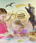 Two kids enjoying Dig Up 12 Dino Eggs And Uncover 12 Unique Dinosaur Models With A Totally Hands On Dino Dig Kit For Kids Aged 3 To 12 STEM Science Play Easter Basket Gift For Boys And Girls.