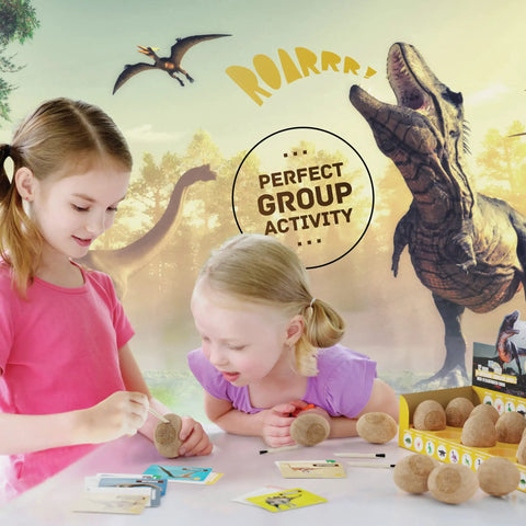 Two kids enjoying Dig Up 12 Dino Eggs And Uncover 12 Unique Dinosaur Models With A Totally Hands On Dino Dig Kit For Kids Aged 3 To 12 STEM Science Play Easter Basket Gift For Boys And Girls.