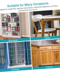 Hella Sturdy Invisible Furniture Connectors And Hidden Fasteners For Wardrobe Setup shown in use with bookcases, tables, windows, and cabinets.
