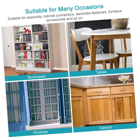 Hella Sturdy Invisible Furniture Connectors And Hidden Fasteners For Wardrobe Setup shown in use with bookcases, tables, windows, and cabinets.