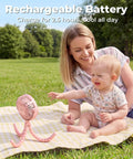Battery Operated Stroller Fan With Flexible Tripod Clip On placed on picnic blanket next to mother and baby outdoors