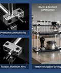 Single Dose Coffee Bean Container Coffee Station Organizer Rack With 8 Sealed Glass Vials One Way Valves And Dosing Funnels close-up on sturdy aluminum alloy details.