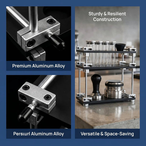 Single Dose Coffee Bean Container Coffee Station Organizer Rack With 8 Sealed Glass Vials One Way Valves And Dosing Funnels close-up on sturdy aluminum alloy details.
