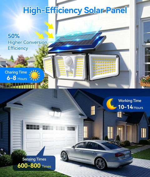 Built Tough 210 LED Solar Flood Lights With Snappy Motion Sensor And All Season Waterproof Housing Three Head 300 Degree Wide Sweep Captures Activity Around Backyard Patio Driveway Or Garage Entry Stalwart Two Pack Finished In Glossy Black