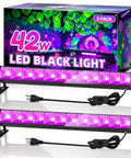 42W LED Black Light Bar pair glowing at party, with gift box background. Each bar with switch and cable, ideal for glow events.