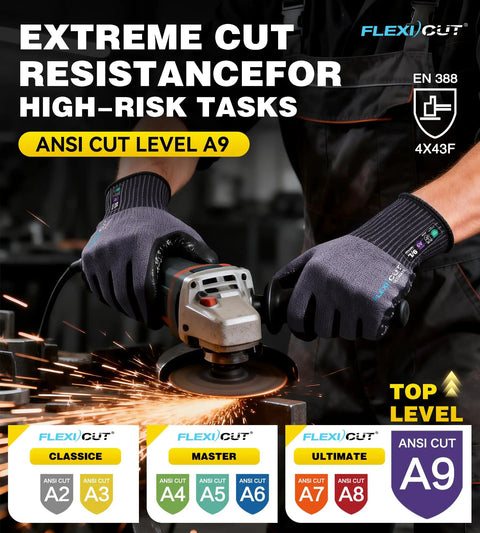 ANSI A9 Cut Resistant Work Gloves With BCOMB Breathable Grippy Fabric, shown using grinder, black large size.