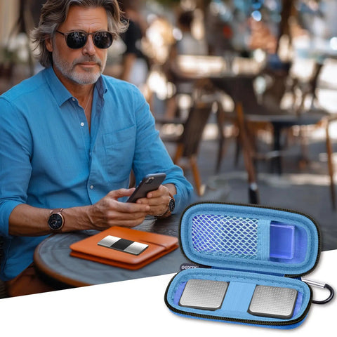 Hard Travel Case For KardiaMobile EKG Monitors 1 Lead 6L 6L Max With pill box and foam lining shown on table outdoors