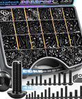 Hardcore 3032 Piece Hex Socket Button Head Bolt And Screw Assortment Kit Featuring Metric And Standard Sizes With Premium Nuts Washers Pro Grade Hardware Set For 3D Printers And Garage Builds in storage case with assorted fasteners.
