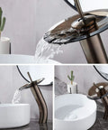 Waterfall Bathroom Faucet With Single Handle Solid Brass Construction Oil Rubbed Bronze Finish Tall Vessel Sink Vanity Faucet Upgrade Your Bath With Durable Stainless Steel Mounting Hardware displaying water flow and side view detail against a white ceramic vessel sink on marble countertop.