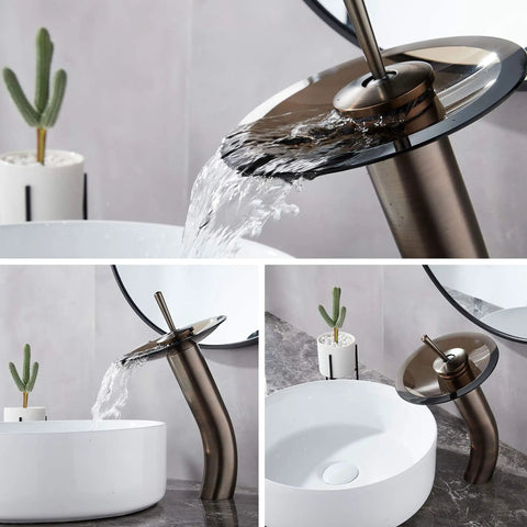 Waterfall Bathroom Faucet With Single Handle Solid Brass Construction Oil Rubbed Bronze Finish Tall Vessel Sink Vanity Faucet Upgrade Your Bath With Durable Stainless Steel Mounting Hardware displaying water flow and side view detail against a white ceramic vessel sink on marble countertop.