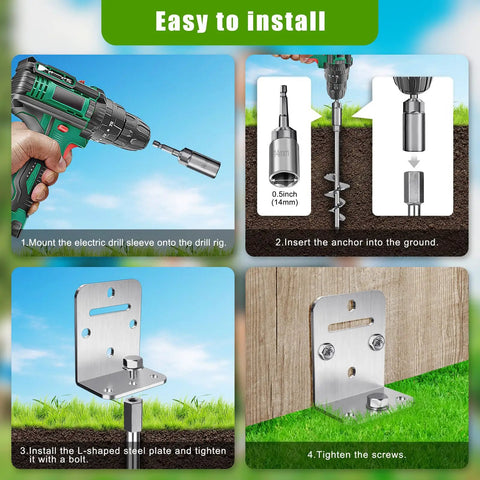 Installation steps for Four Pack Thirty Inch Ground Anchors Screw In Kit With L Bracket showing drill setup and mounting process