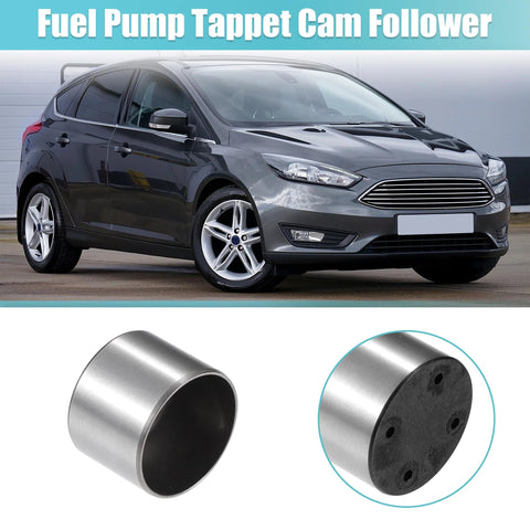 Beefed Up Cam Follower For Ford Edge Escape Focus Explorer Fiesta Fusion Lincoln MKT MKX MKZ And Land Rover LR4 Range Rover Discovery High Pressure Fuel Pump Tappet Camshaft Follower No 8W9Z6C287A shown next to a Ford vehicle.