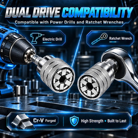 Dual drive compatibility image showing Premium Universal Socket Wrench Set Four Piece Adjustable Multi Jaw Tool with electric drill and ratchet wrench.