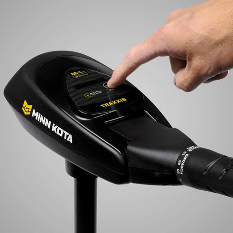 Dead Reliable Transom Mount Electric Trolling Motor With 55 Pound Thrust And 42 Inch Shaft For Freshwater Fishing Boats showing control panel and finger pressing button.