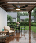 42 Inch Outdoor Ceiling Fan With Lights, IP65 Weatherproof, App And Remote Control, Dimmable 3CCT LED, 6 Speed Quiet DC Motor, Hanging Gazebo Fan Black, Plug In Ceiling Fan For Patios Porches And Backyard on wooden patio with chairs and table in the rain.