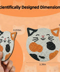 Close-up of Six Cat Diamond Painting Coaster Kit Set With Double Tools For Adults And Kids DIY Diamond Art Crafts Non Slip Heat Insulation Coasters Perfect Gift Great Holiday Gift Idea, showing cat designs, dimensions, and hand holding a coaster.