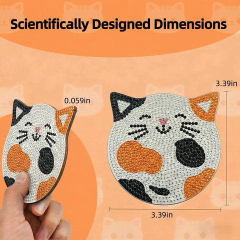 Close-up of Six Cat Diamond Painting Coaster Kit Set With Double Tools For Adults And Kids DIY Diamond Art Crafts Non Slip Heat Insulation Coasters Perfect Gift Great Holiday Gift Idea, showing cat designs, dimensions, and hand holding a coaster.