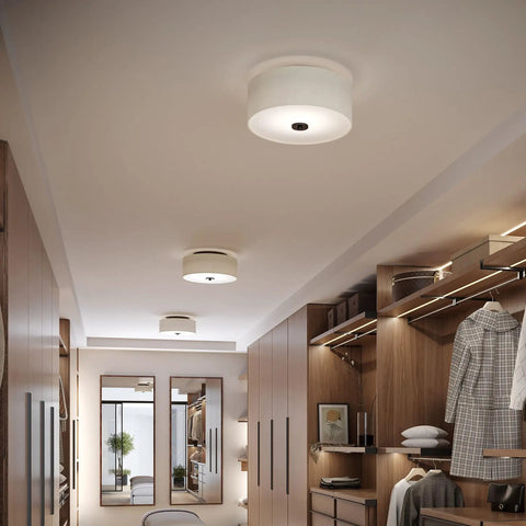 Inspire Two Light Semi Flush Mount Dope Style Close To Ceiling Lighting With Off White Linen Shade And Antique Bronze Finish in hallway