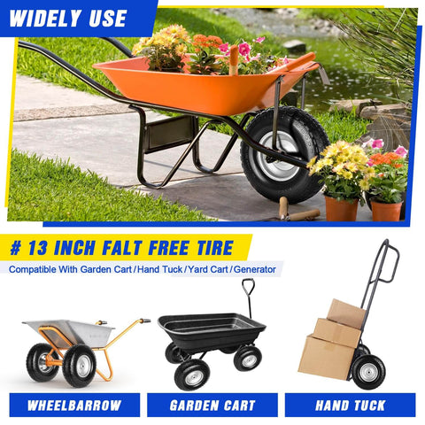 13 Inch Flat Free Wheelbarrow Tire 4.00 6 Heavy Duty With Universal Solid Tire And Five Eighth Inch Bearing Plus Three Quarter Inch Bearing Kit Replacement Wheel For Wheelbarrow Hand Truck Garden Includes Adapter Kit visible on wheelbarrow and various carts