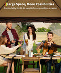 13x13 Ft Pop Up Canopy Gazebo With One Push Setup For Quick Shade Includes 4 Sand Bags Mosquito Netting Height Adjustable Sides Outdoor Backyard Party And BBQ Shelter In Khaki And Coffee with people enjoying a meal underneath.