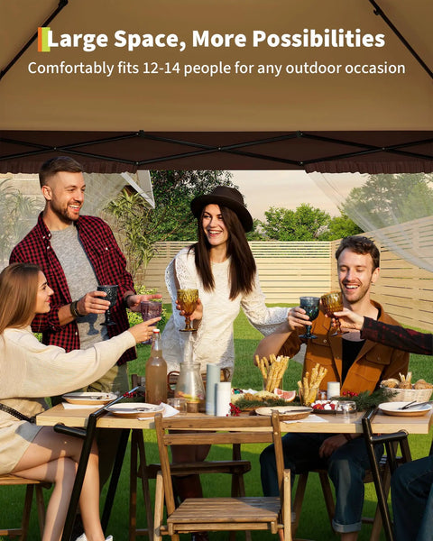 13x13 Ft Pop Up Canopy Gazebo With One Push Setup For Quick Shade Includes 4 Sand Bags Mosquito Netting Height Adjustable Sides Outdoor Backyard Party And BBQ Shelter In Khaki And Coffee with people enjoying a meal underneath.