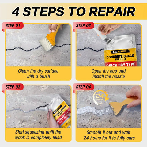 Four-step guide to using Concrete Crack Filler For Driveways And Sidewalks, Waterproof Quick Dry Sealant, Self Leveling Multipurpose Repair Adhesive That Flexes With Movement, Durable Cement Crack Sealer To Fill Cracks And Stop Expansion, 1 Pack 1.1 Lb