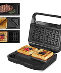 Royalcraft 3-in-1 Electric Sandwich Maker & Waffle Grill, 850W Panini Press with waffles and steak, black, non-stick plates.