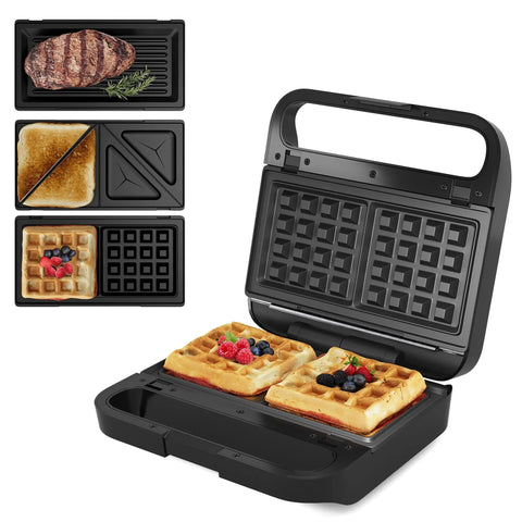 Royalcraft 3-in-1 Electric Sandwich Maker & Waffle Grill, 850W Panini Press with waffles and steak, black, non-stick plates.
