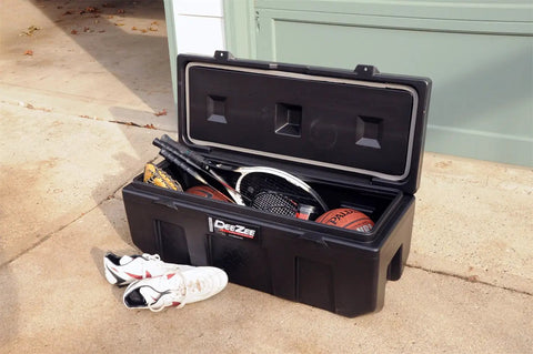 Beefy Poly Plastic Storage Chest With Double Wall Lid And Built In Cup Holders With Secure Locking Tabs For Truck Bed Hauling And Gear Stash Thirty Five Inch Organizer