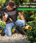 Man using heavy duty spade shovel for digging transplanting and draining with D grip and fiberglass handle in garden path.