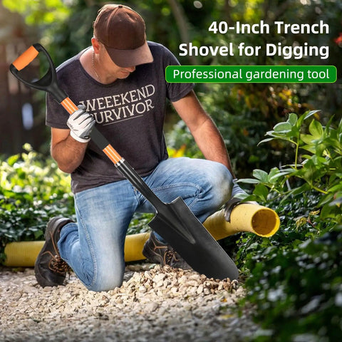 Man using heavy duty spade shovel for digging transplanting and draining with D grip and fiberglass handle in garden path.