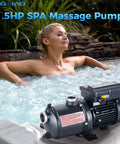 Spa Massage Pump 1.5HP For Marquis Spa Dual Voltage 230V Or 115V next to a woman in a hot tub, showcasing easy installation.