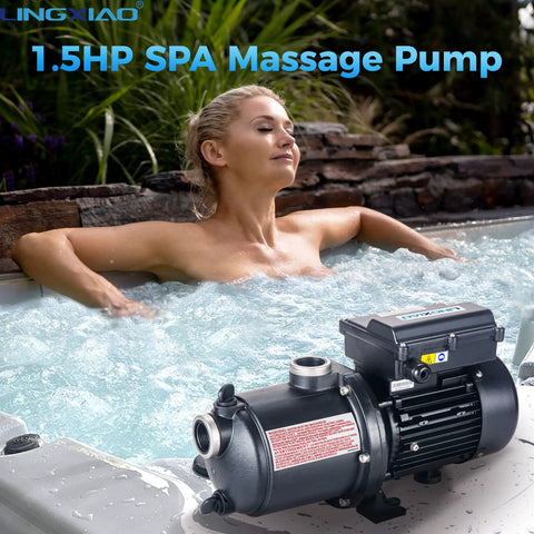 Spa Massage Pump 1.5HP For Marquis Spa Dual Voltage 230V Or 115V next to a woman in a hot tub, showcasing easy installation.