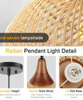 Hand Woven Rattan Pendant Light With Sturdy Wood Frame, 15 Inch Boho Ceiling Fixture showing details of lampshade and wooden base.