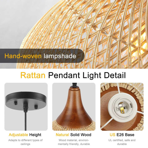 Hand Woven Rattan Pendant Light With Sturdy Wood Frame, 15 Inch Boho Ceiling Fixture showing details of lampshade and wooden base.