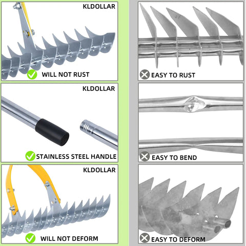 Thatch Rake 15 Inch Wide Dethatcher For Cleaning Dead Grass Leaves And Debris Loosens Soil With Steel Tines And Stainless Steel Handle features.