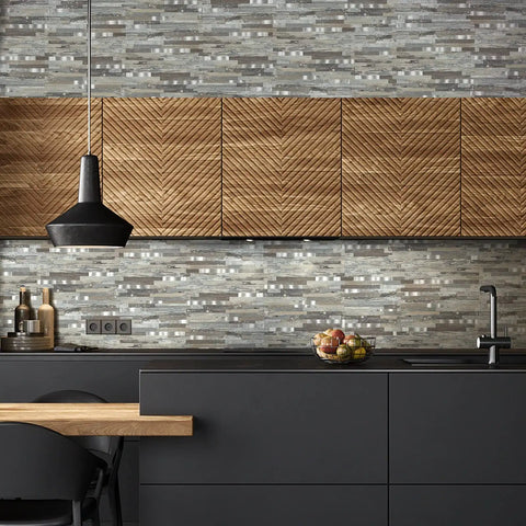 Modern kitchen with Peel And Stick PVC Backsplash Tiles For Kitchen Walls Durable Scratch Resistant Easy To Clean With Strong Adhesive Backing 10 Sheets Self Adhesive Wall Panels For Quick DIY Remodeling behind wood cabinets.