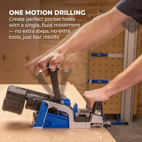 Man using Rebel 20V Ionic Drive Pocket Hole Joiner Kit with charger and battery for precise carpentry joints on wood surface.