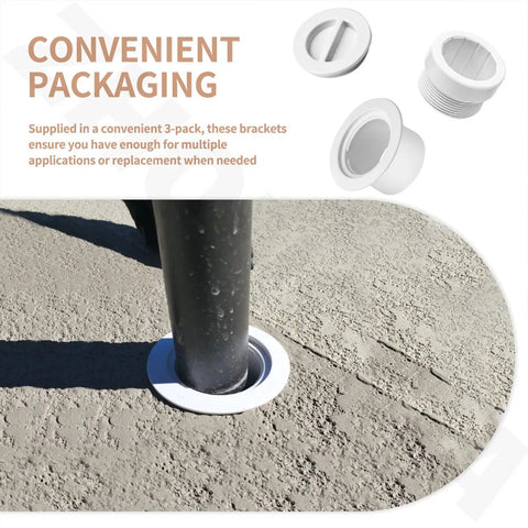 Three Pack Floor Mounted Umbrella Stands With Seven And A Half Inch Sleeve And Center Cap For One And A Half To One And Three Quarter Inch Center Shafts installed on outdoor surface