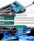 Close-up of 992D-II 2-In-1 Precision Soldering Kit with Hot Air Pencil and C210 Soldering Iron on PCB.