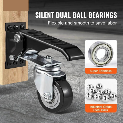 Rugged 2.5 Inch Retractable Step Down Caster Wheels Set Of 4 With 165 Lb Capacity Silent 360 Swivel Rollers for smooth operation with dual ball bearings.