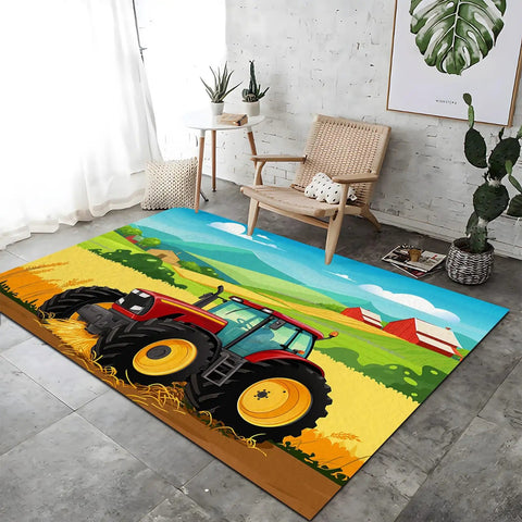 6x9 Ft Cartoon Tractor Farm Rug That Is Machine Washable And Non Slip Low Pile Stain Resistant Area Rug for Living Room Decor