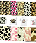 Vintage Pink Cow Print Sublimation Paper Sheets For DIY Crafts Mugs Tumblers And T Shirts 12 By 10 Inch 10 Sheets displayed with items