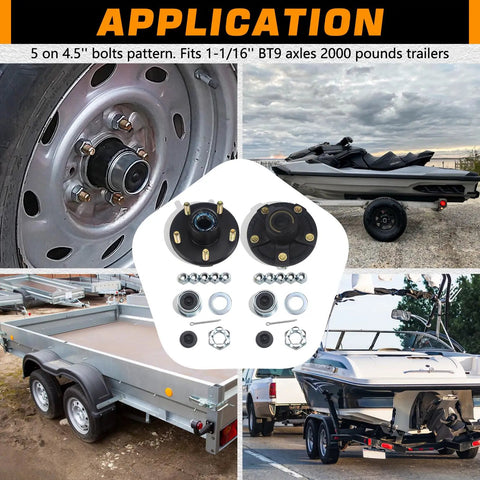 Two Pack Heavy Duty Trailer Hub Kit For Five Lug On Four Point Five Inch Bolt Pattern On 2000 Lb Axles With illustrations and applications